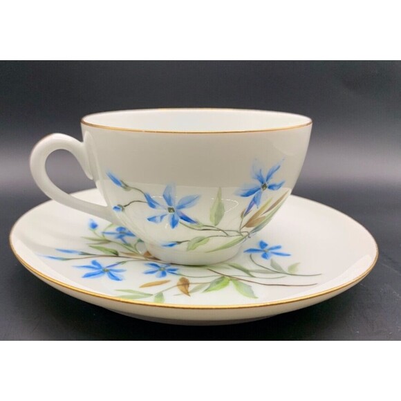 Vintage J P Limoges France Teacup Saucer Gold Trim Blue Flowers Replacement - Picture 1 of 8